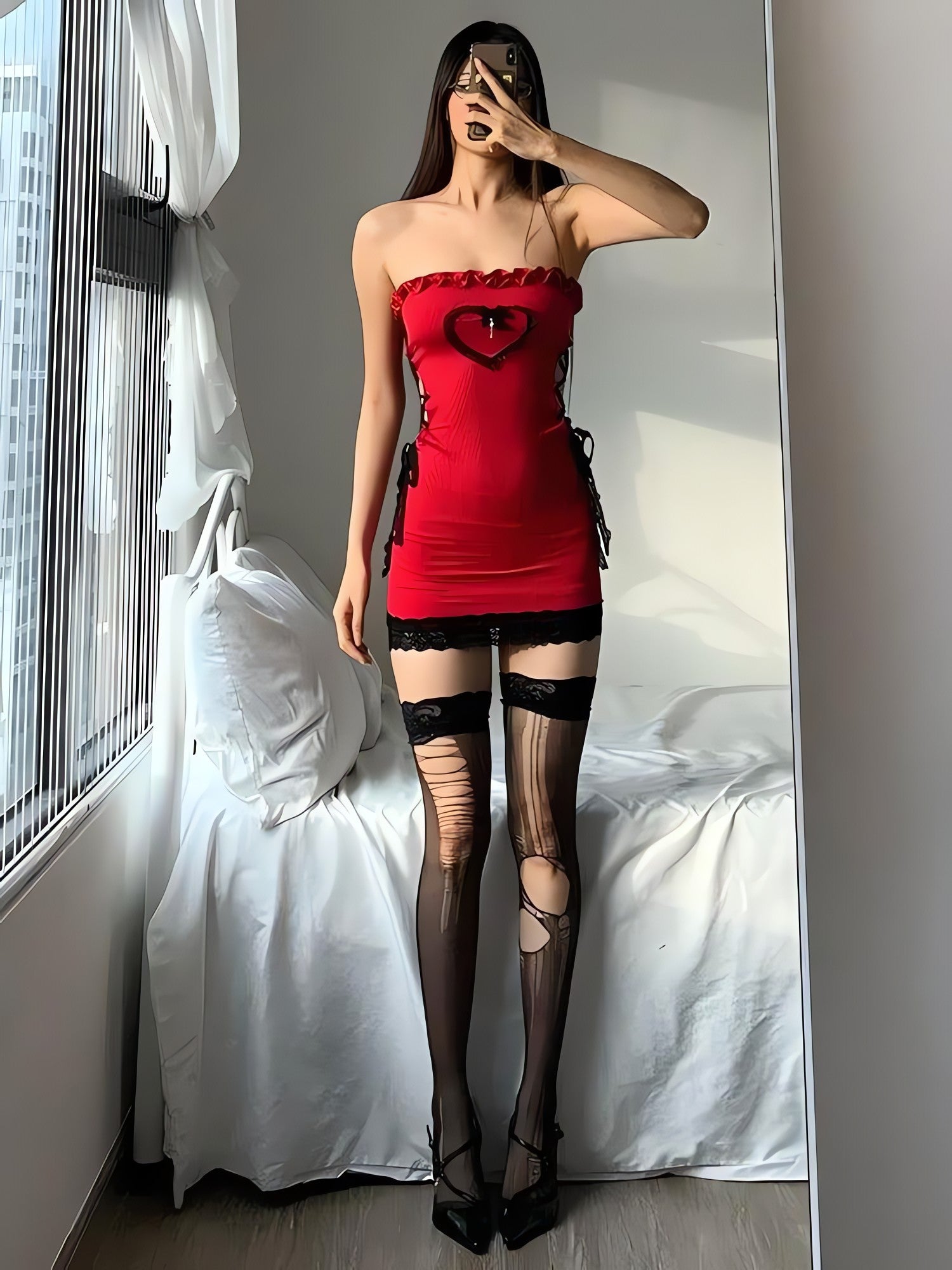 Goth Heart Lace Up Bodycon Mini Dress - KAYSMAR