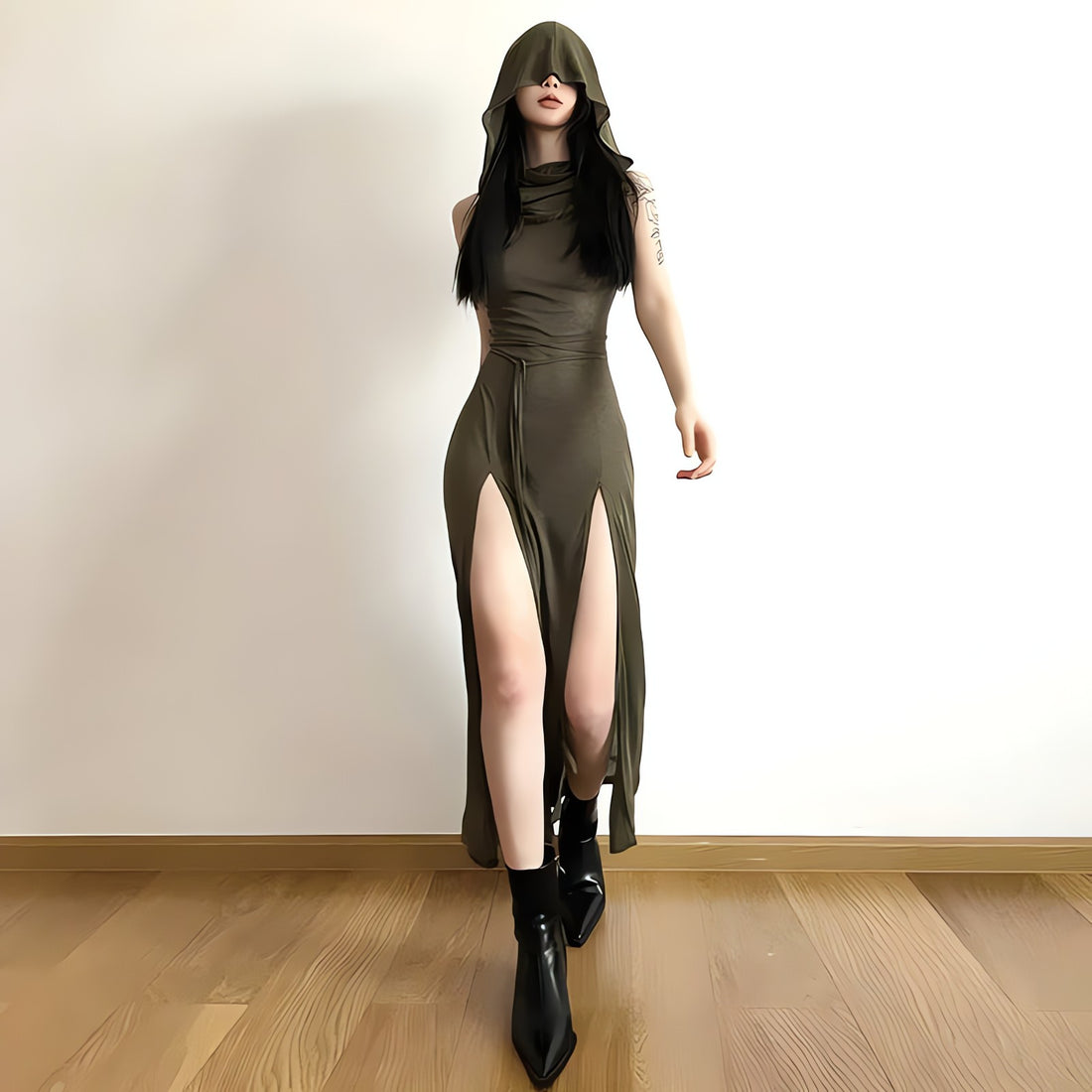 Goth Hooded Cut Out Back Midi Dress - KAYSMAR