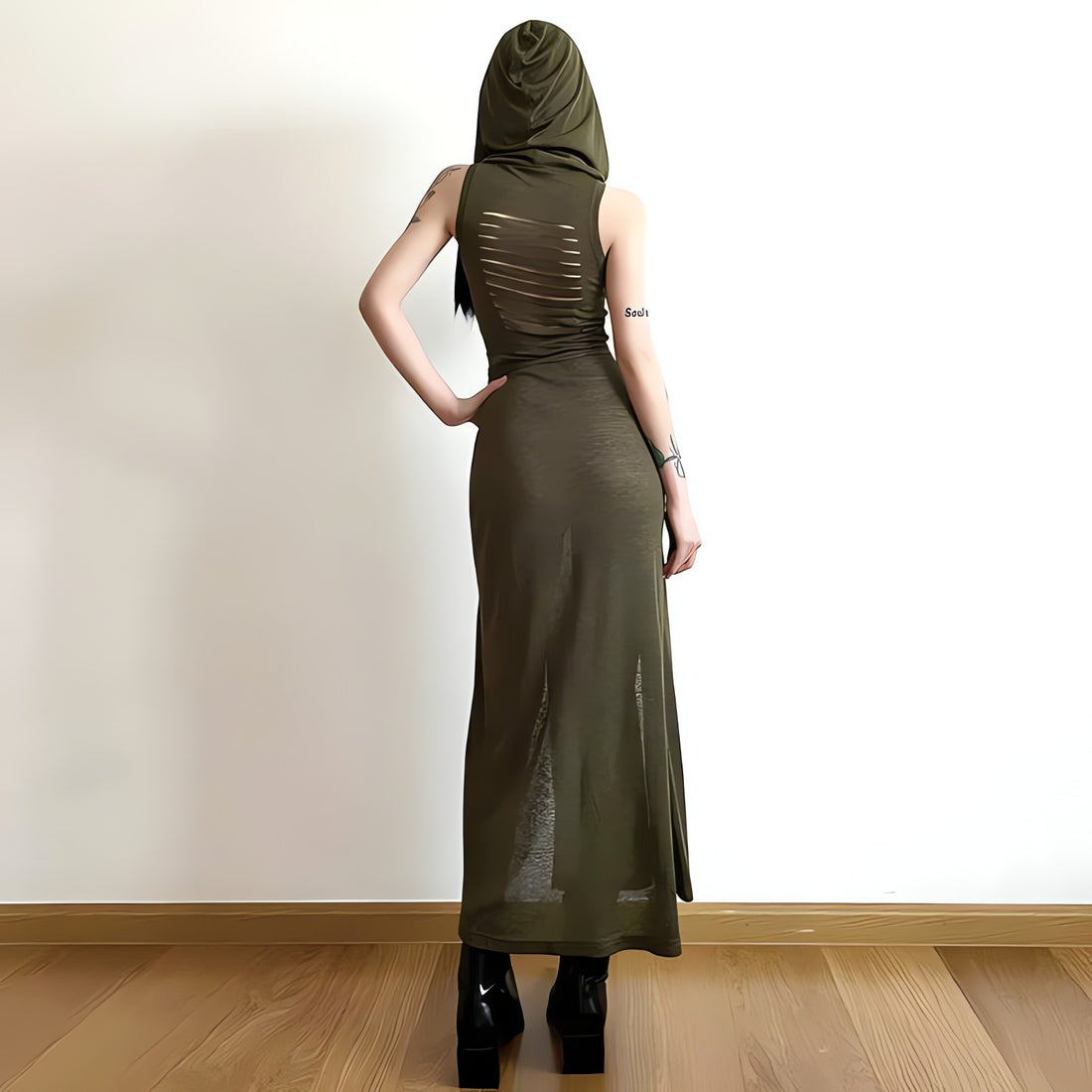Goth Hooded Cut Out Back Midi Dress - KAYSMAR