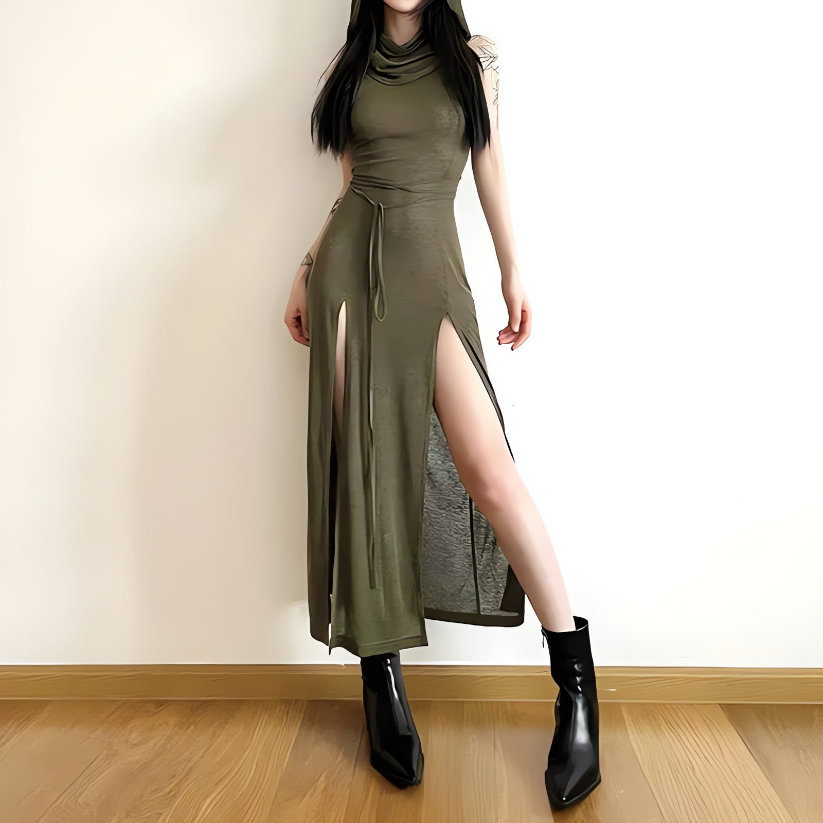 Goth Hooded Cut Out Back Midi Dress - KAYSMAR