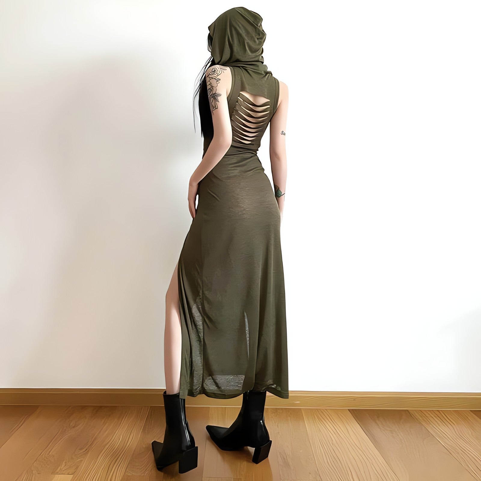 Goth Hooded Cut Out Back Midi Dress - KAYSMAR
