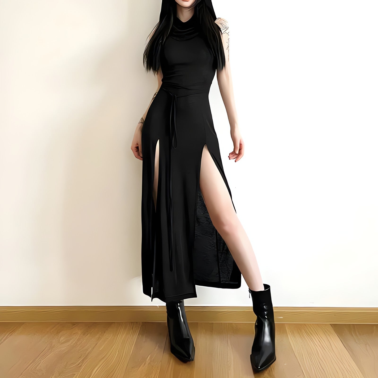 Goth Hooded Cut Out Back Midi Dress - KAYSMAR