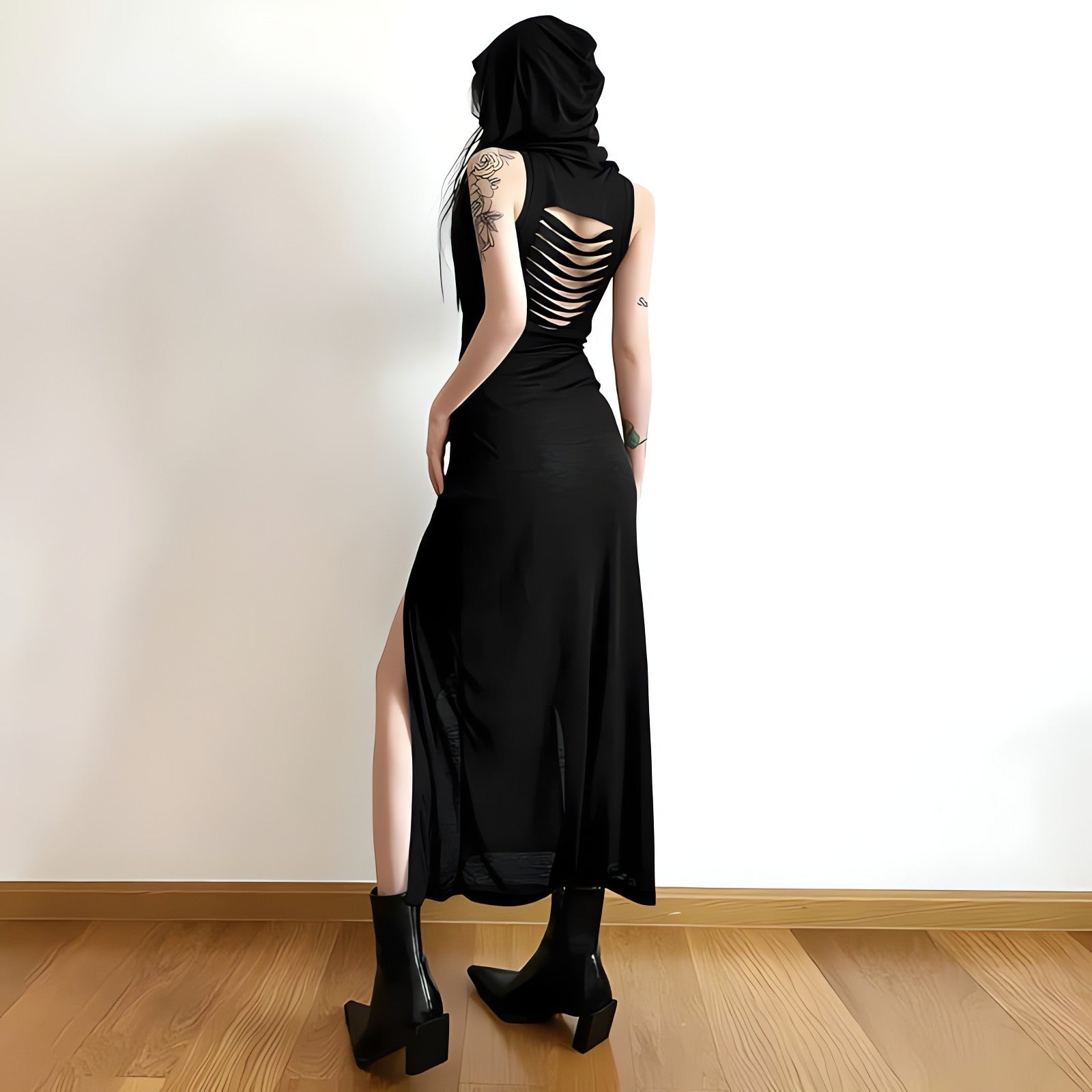 Goth Hooded Cut Out Back Midi Dress - KAYSMAR