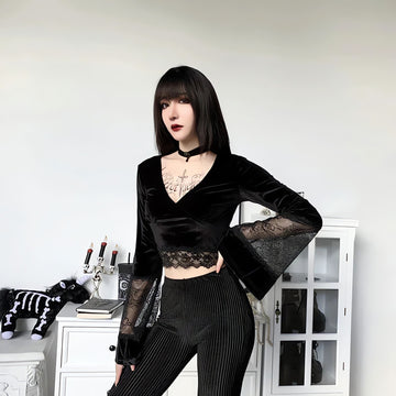 Goth Lace Flare Cuffs Crop Top - KAYSMAR