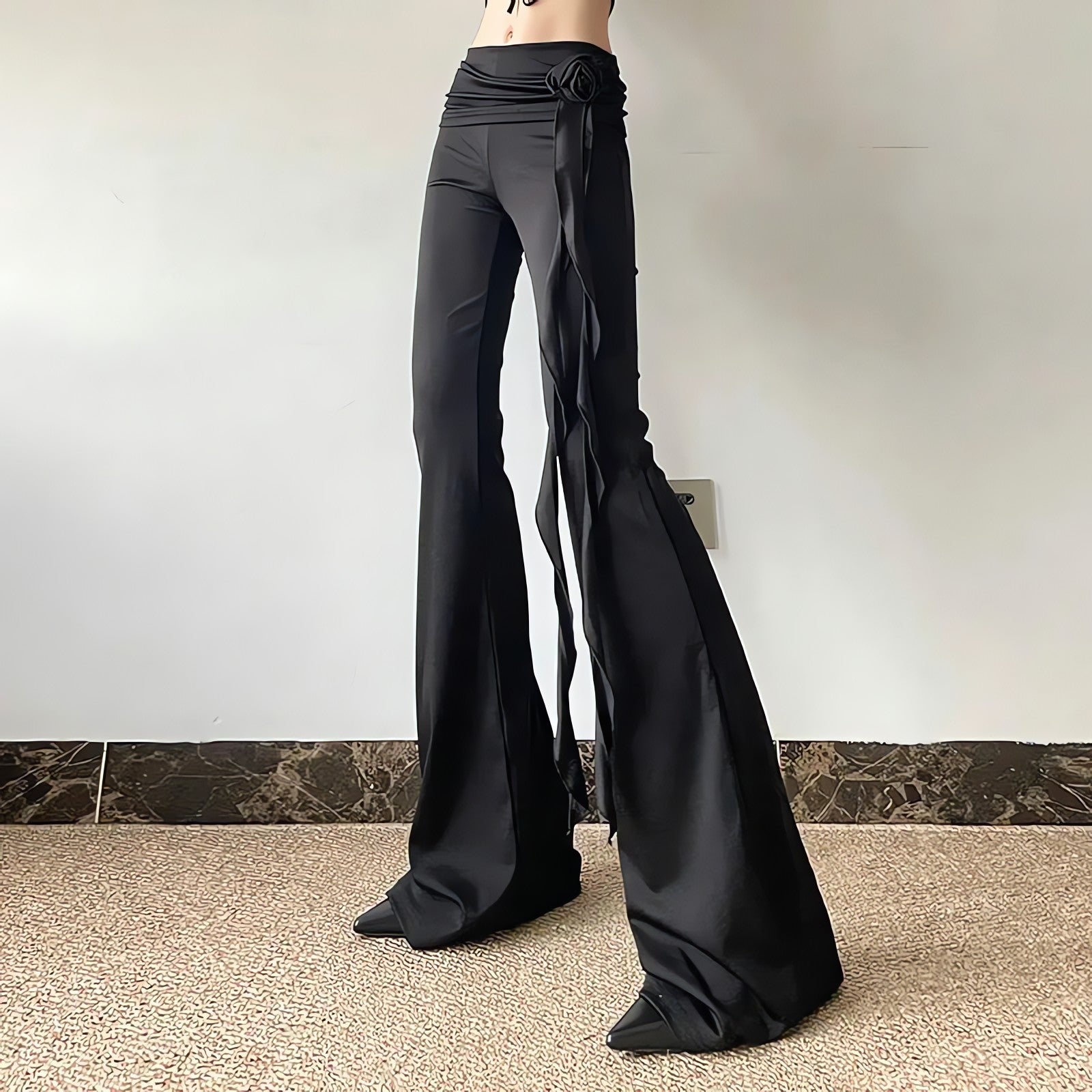 Goth Ruched Flower Flare Pants