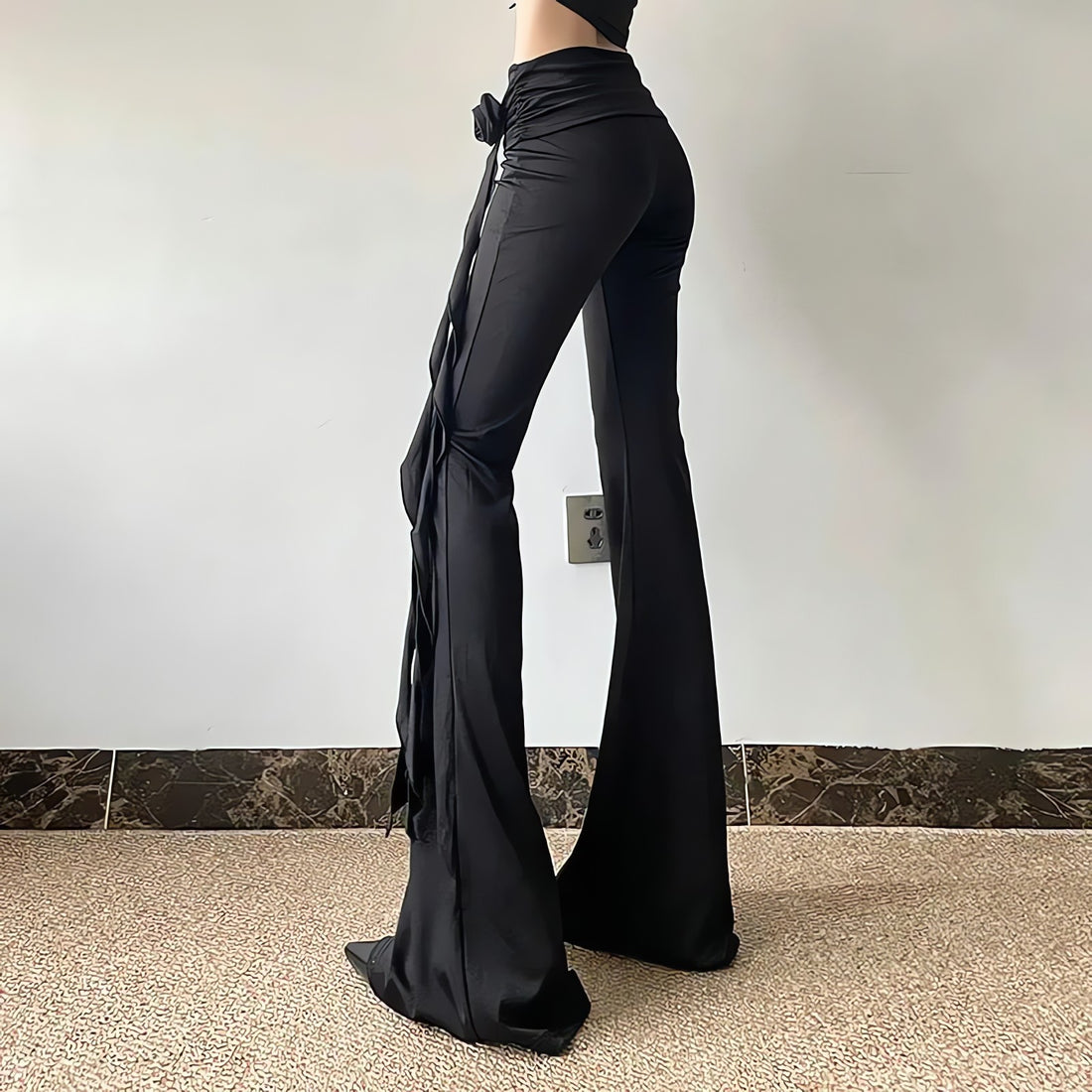 Goth Ruched Flower Flare Pants