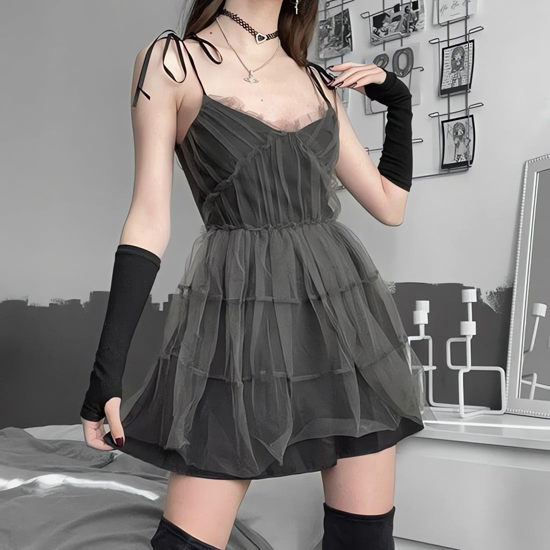 Goth Strap Patchwork Mini Dress - KAYSMAR