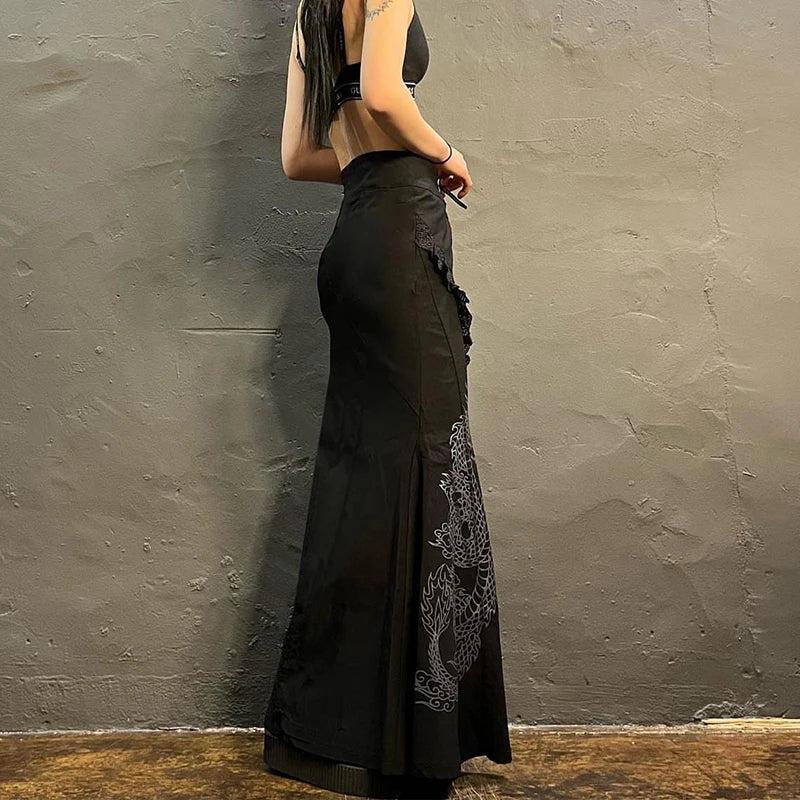 Gothic Dragon Printed Maxi Skirt - KAYSMAR