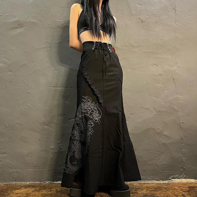 Gothic Dragon Printed Maxi Skirt - KAYSMAR
