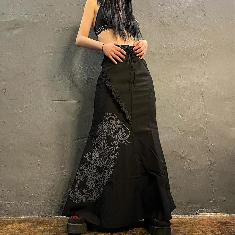 Gothic Dragon Printed Maxi Skirt - KAYSMAR