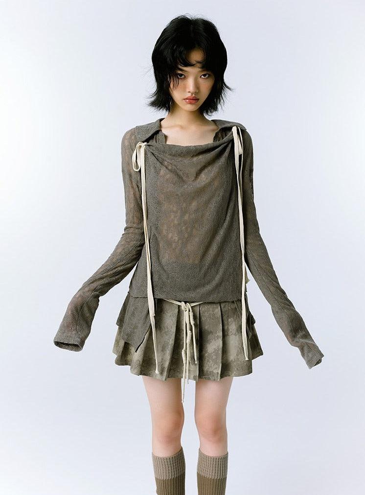 Grunge Asymmetric Long Sleeve Lace Top - KAYSMAR