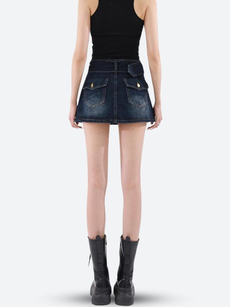 Grunge Belted Denim Mini Skirt - KAYSMAR
