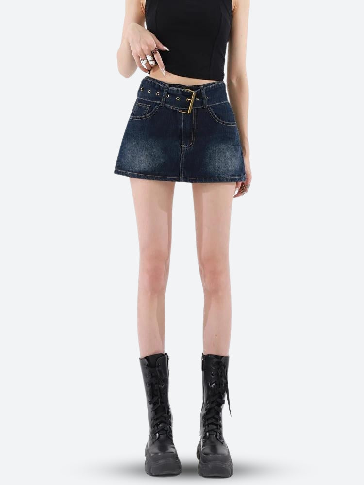 Grunge Belted Denim Mini Skirt - KAYSMAR
