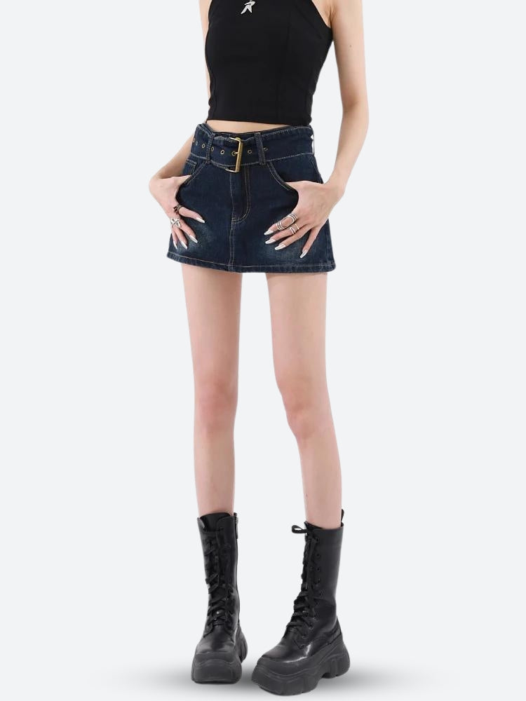 Grunge Belted Denim Mini Skirt - KAYSMAR