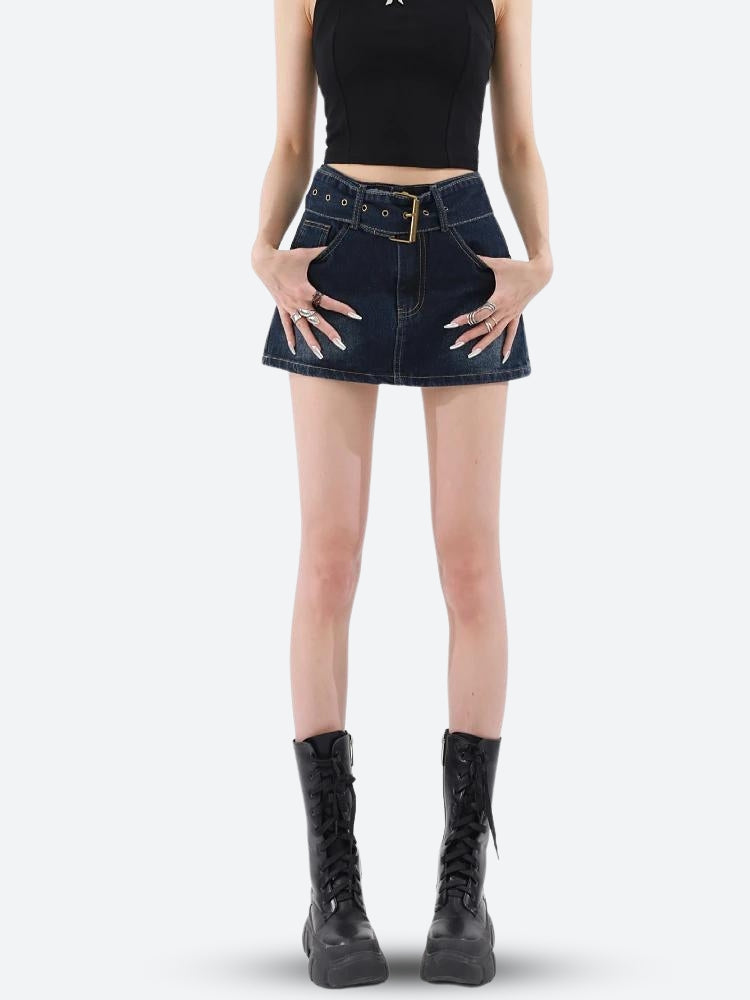 Grunge Belted Denim Mini Skirt - KAYSMAR