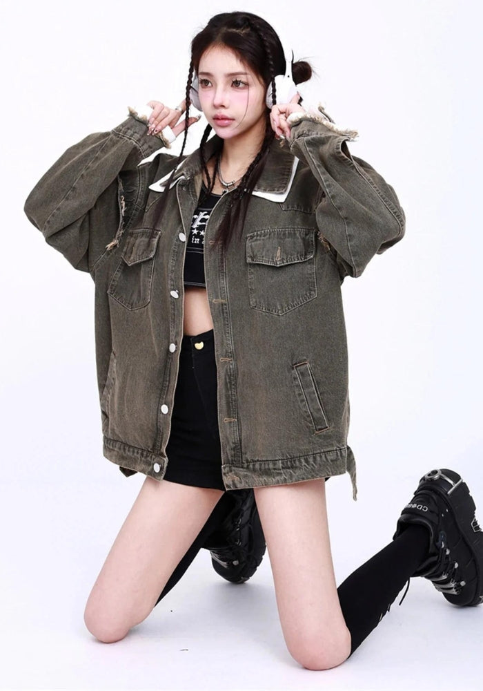 Grunge Button Up Oversized Denim Jacket - KAYSMAR