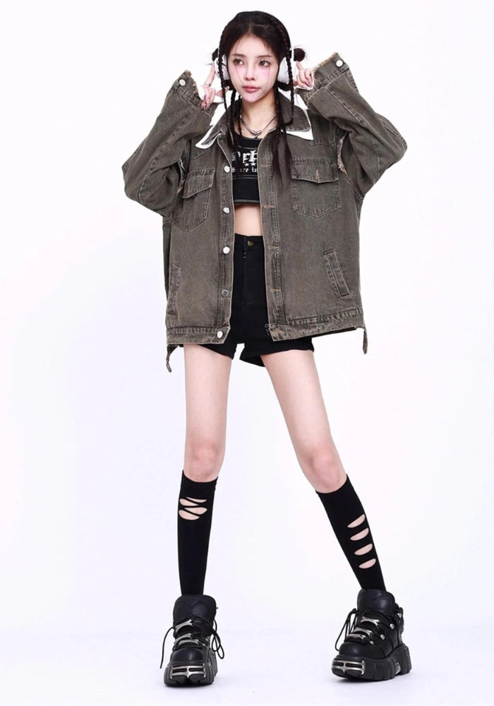 Grunge Button Up Oversized Denim Jacket - KAYSMAR