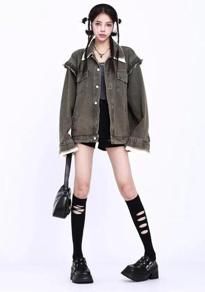 Grunge Button Up Oversized Denim Jacket - KAYSMAR