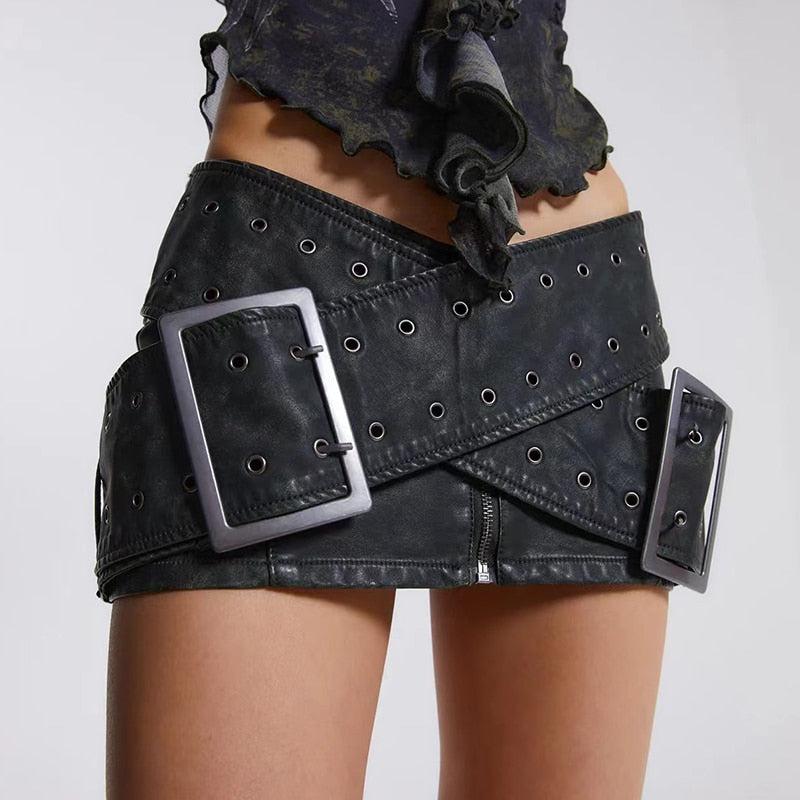 Grunge Cross Belt Faux Leather Mini Skirt - KAYSMAR