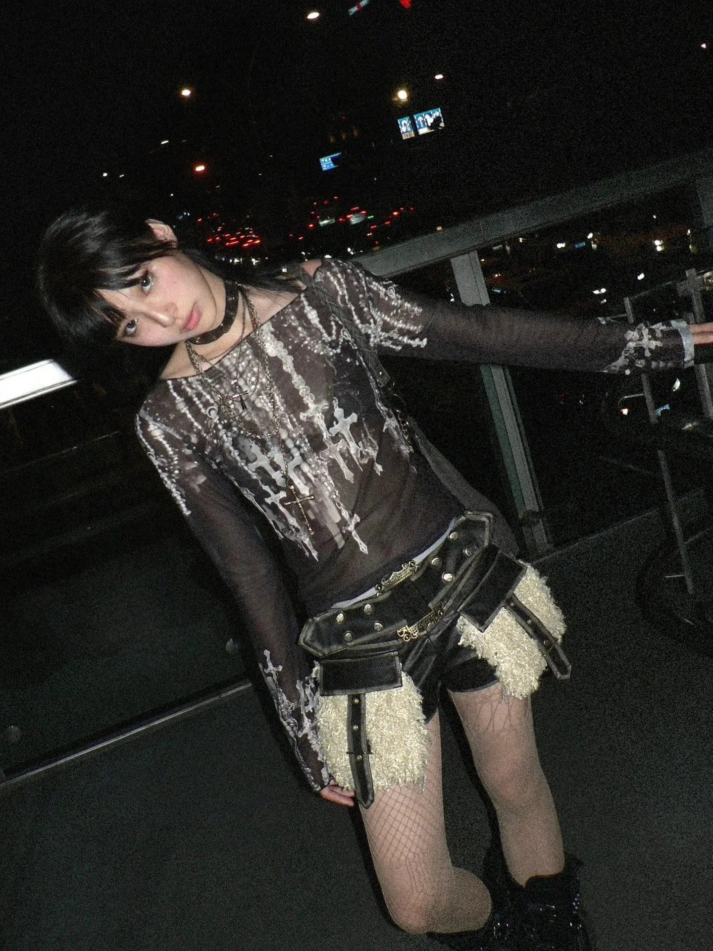 Grunge Cross Wide Neck Mesh Top - KAYSMAR