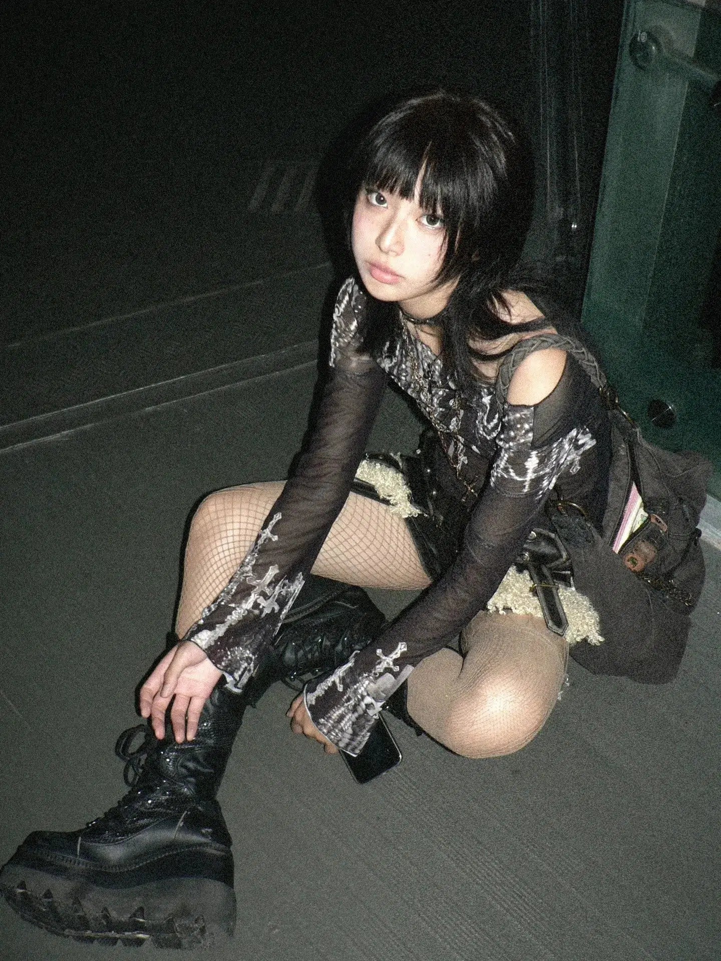 Grunge Cross Wide Neck Mesh Top - KAYSMAR