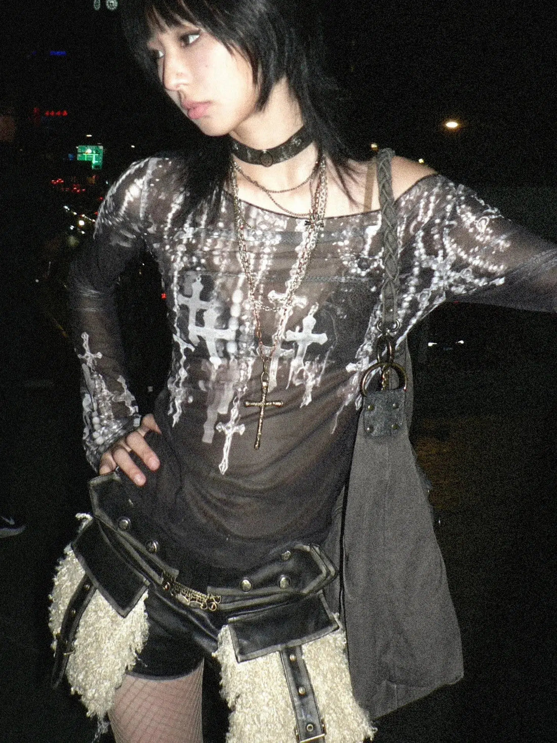 Grunge Cross Wide Neck Mesh Top - KAYSMAR