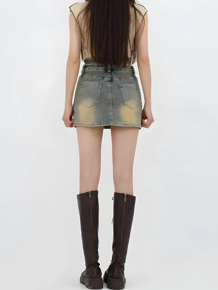 Grunge Denim Cross Belt Mini Skort - KAYSMAR