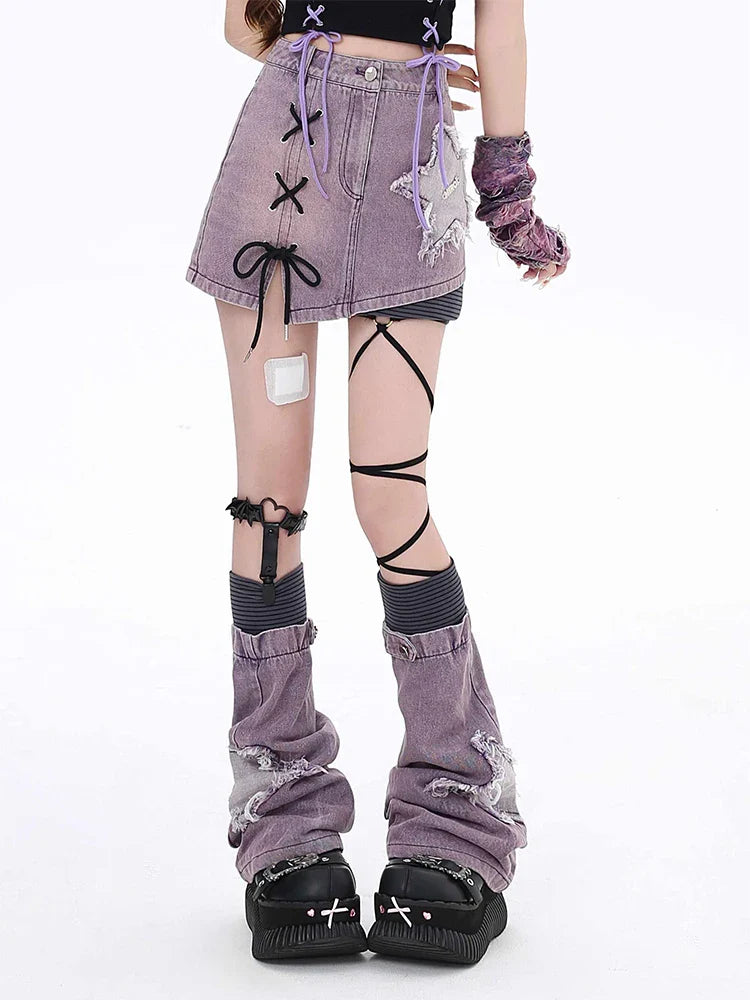 Grunge Denim Mini Skirt & Leg Warmers Two Piece Set - KAYSMAR