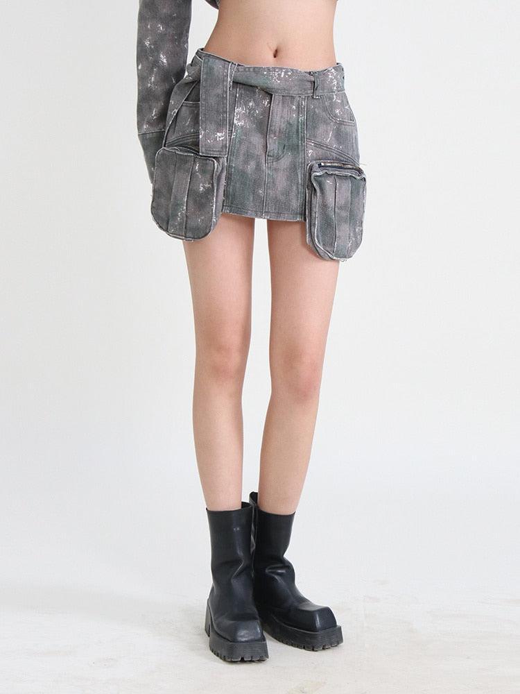 Grunge Distressed Cargo Denim Mini Skirt - KAYSMAR