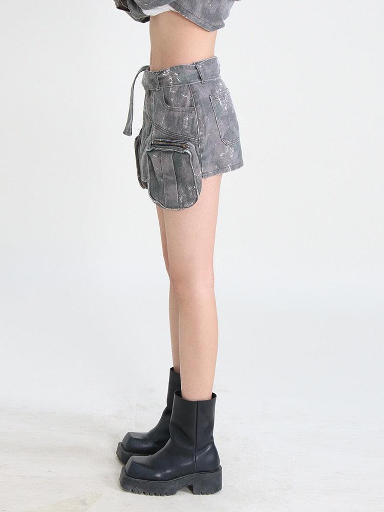 Grunge Distressed Cargo Denim Mini Skirt - KAYSMAR