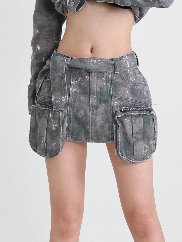 Grunge Distressed Cargo Denim Mini Skirt - KAYSMAR