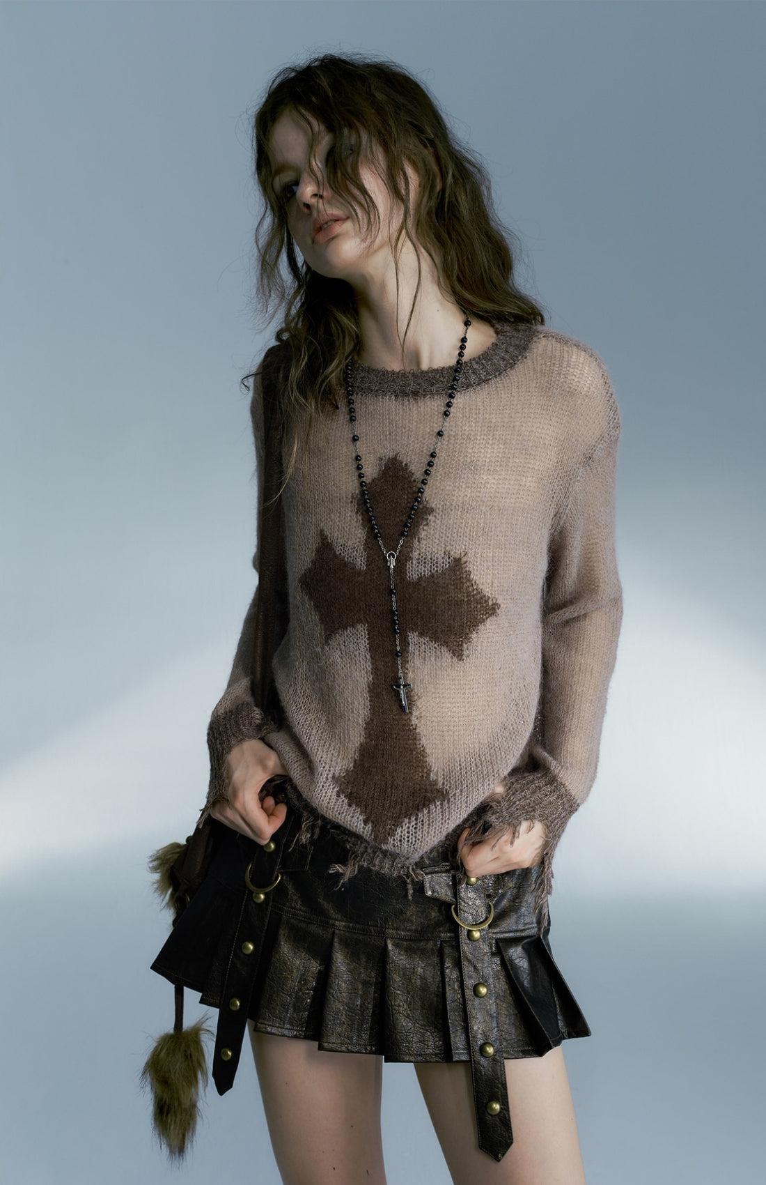 Grunge Distressed Cross Sweater - KAYSMAR