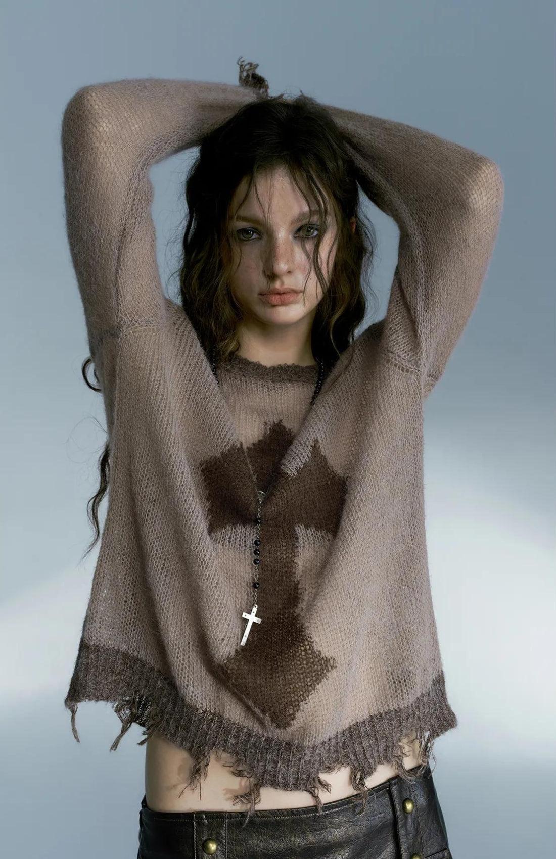Grunge Distressed Cross Sweater - KAYSMAR