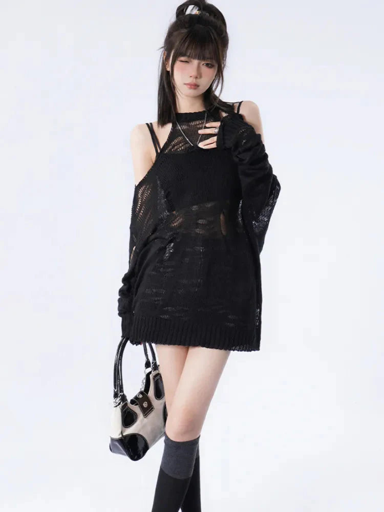 Grunge Distressed Cut-Out Fine Knitted Sweater - KAYSMAR