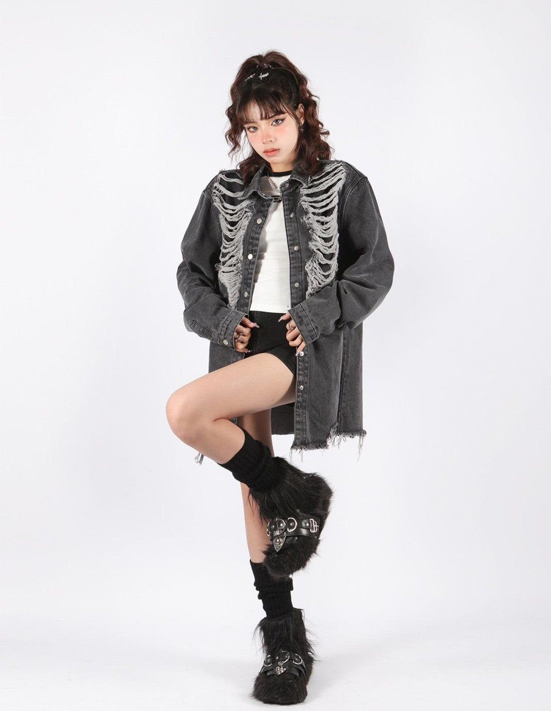 Grunge Distressed Long Denim Jacket - KAYSMAR