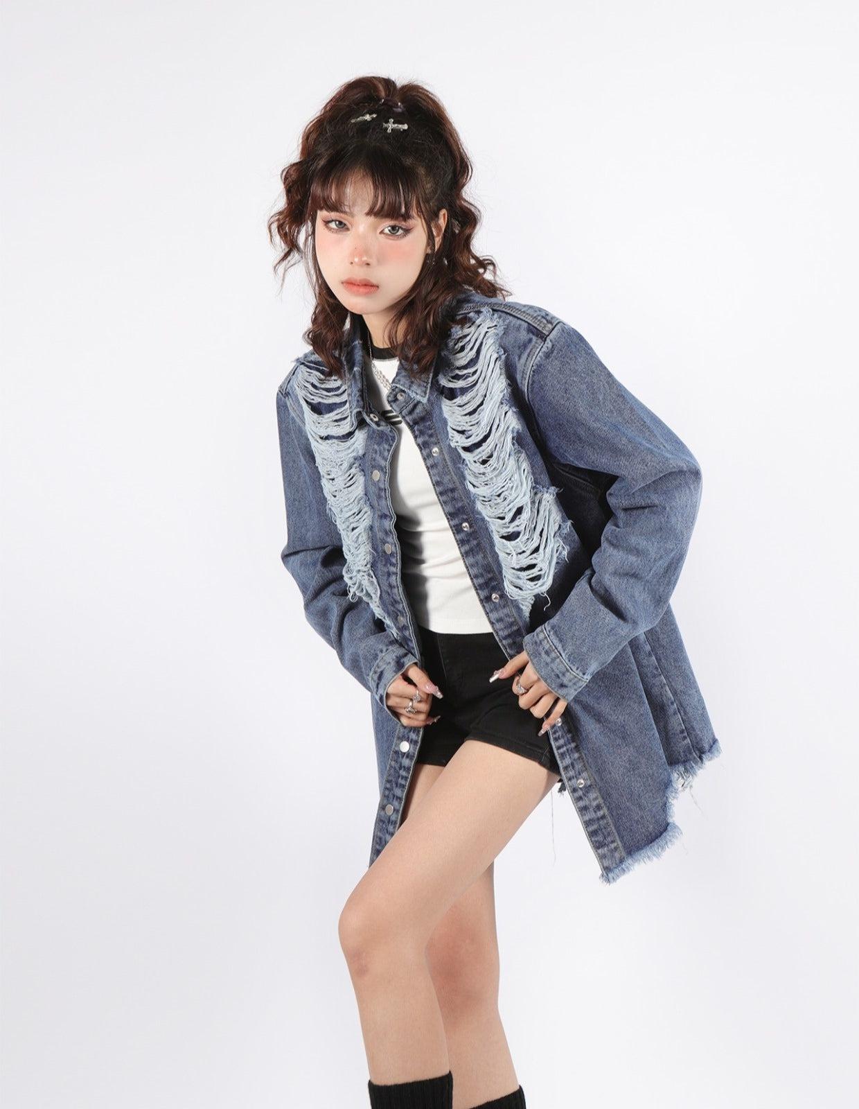 Grunge Distressed Long Denim Jacket - KAYSMAR