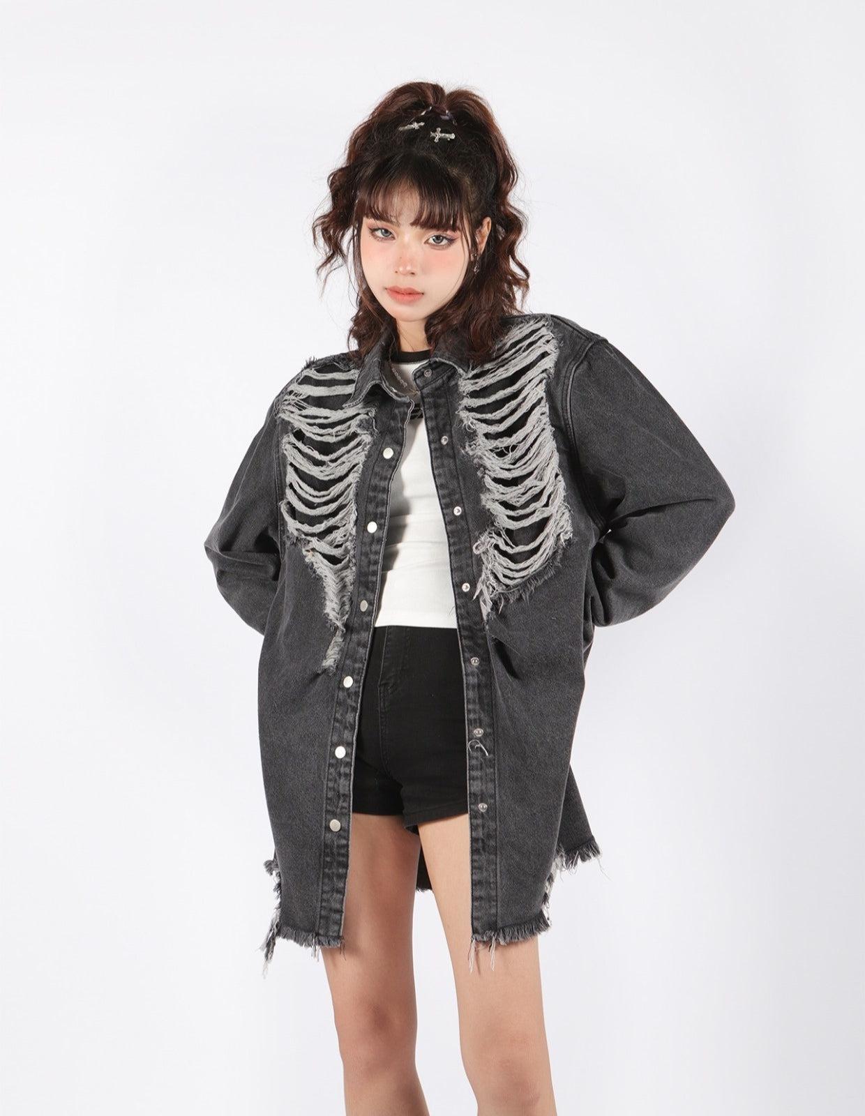 Grunge Distressed Long Denim Jacket - KAYSMAR