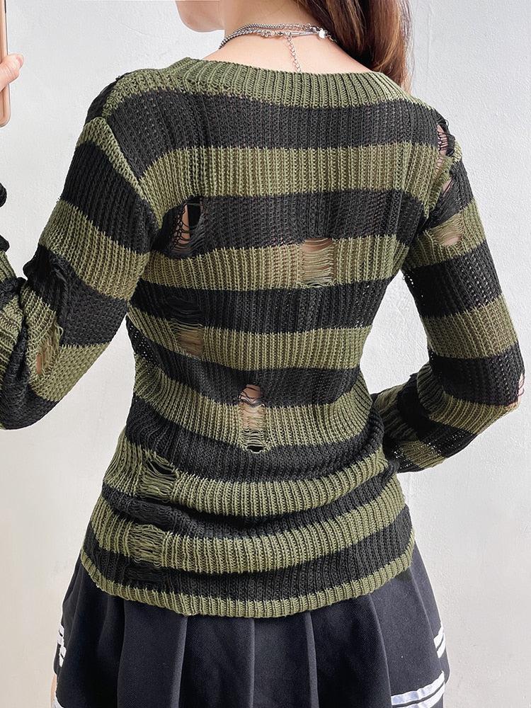 Grunge Distressed Striped Sweater - KAYSMAR