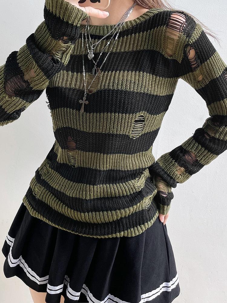 Grunge Distressed Striped Sweater - KAYSMAR