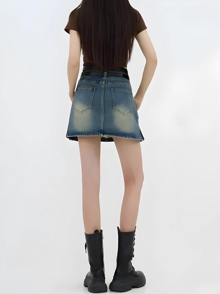 Grunge Double Belt Loop Denim Mini Skirt - KAYSMAR