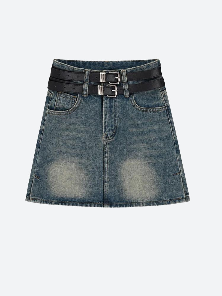 Grunge Double Belt Loop Denim Mini Skirt - KAYSMAR