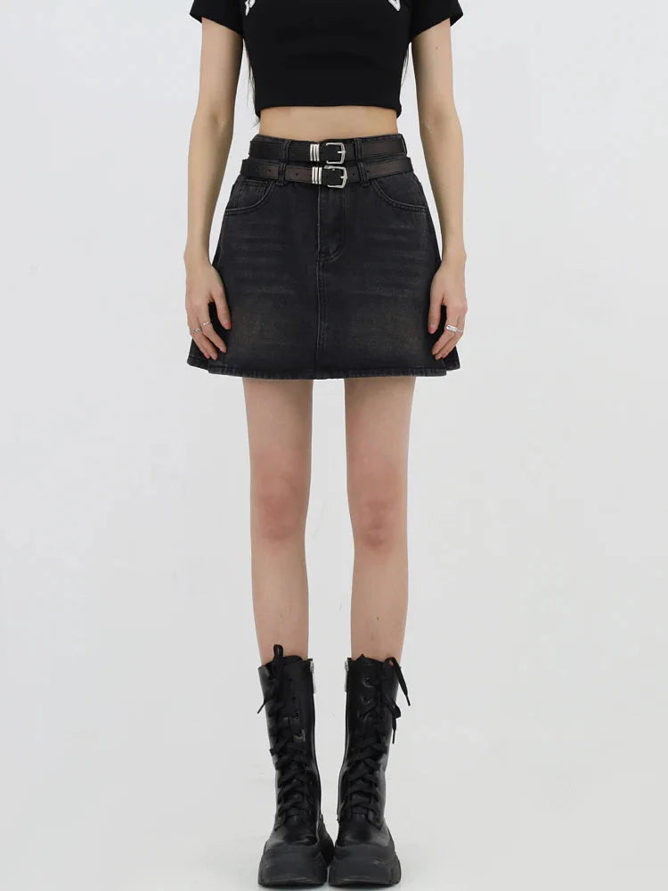 Grunge Double Belt Loop Denim Mini Skirt - KAYSMAR