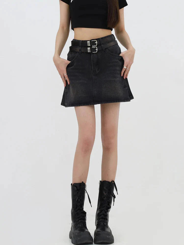 Grunge Double Belt Loop Denim Mini Skirt - KAYSMAR