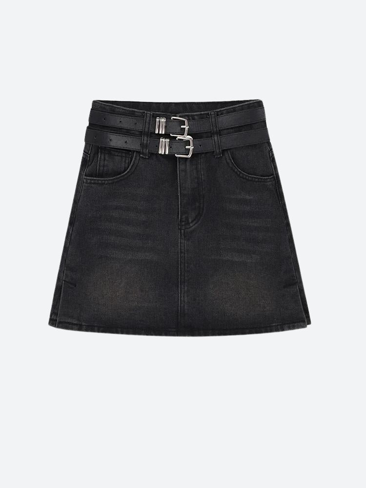 Grunge Double Belt Loop Denim Mini Skirt - KAYSMAR