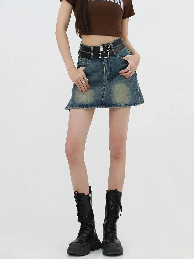 Grunge Double Belt Loop Denim Mini Skirt - KAYSMAR