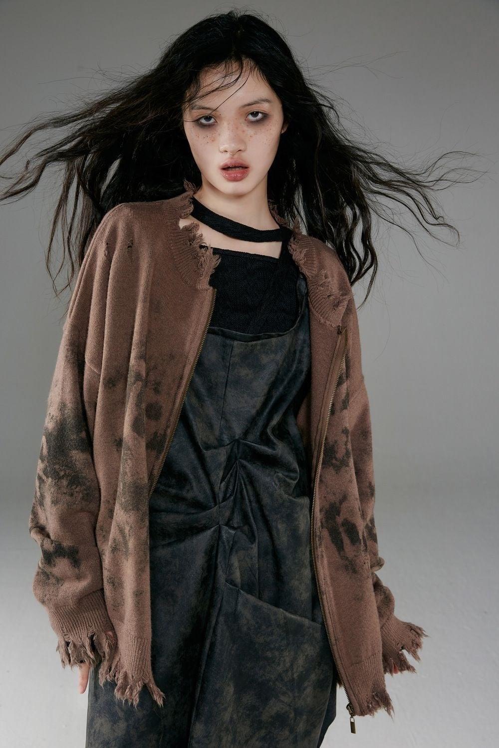 Grunge Extra Distressed Zip-Up Cardigan - KAYSMAR