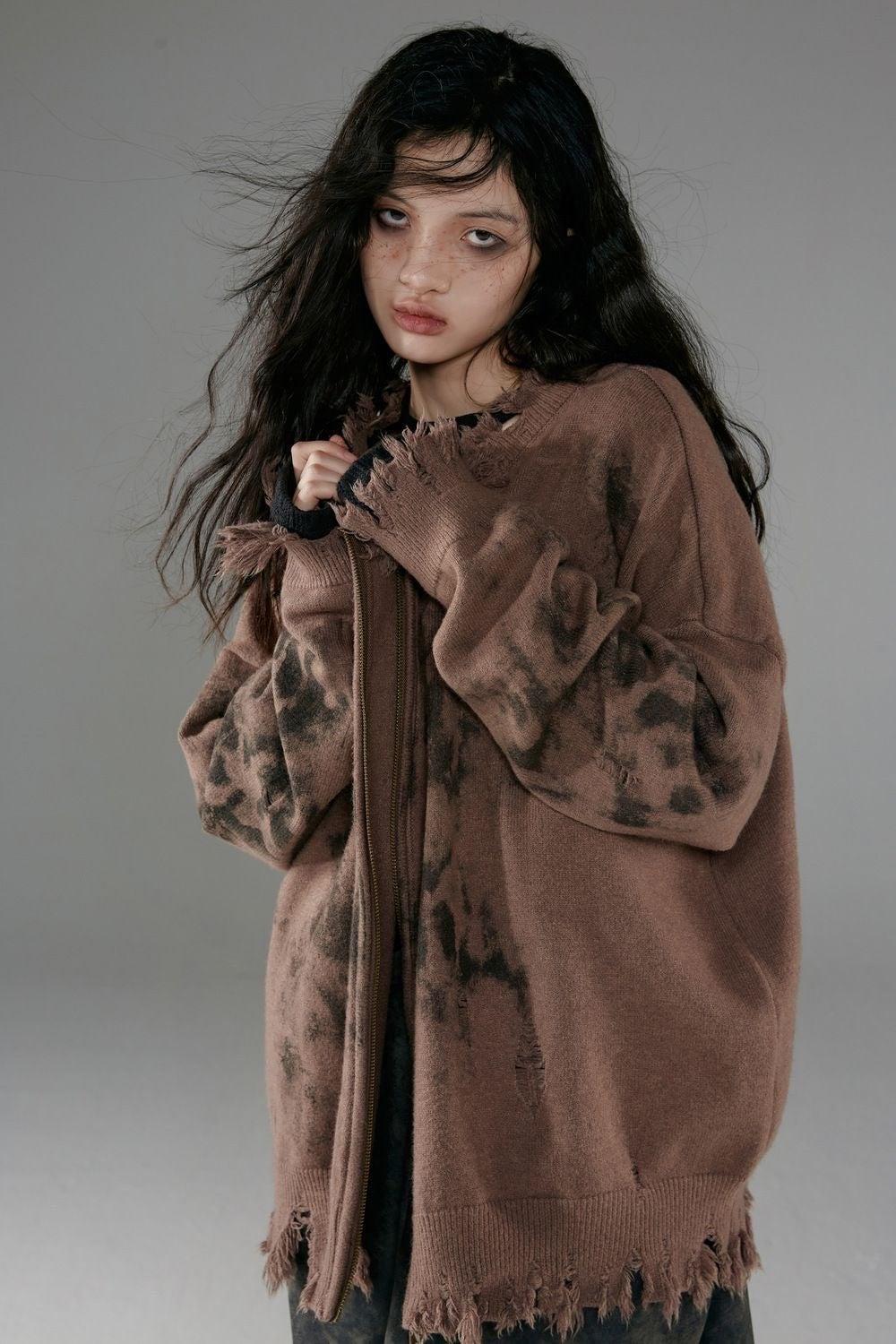 Grunge Extra Distressed Zip-Up Cardigan - KAYSMAR