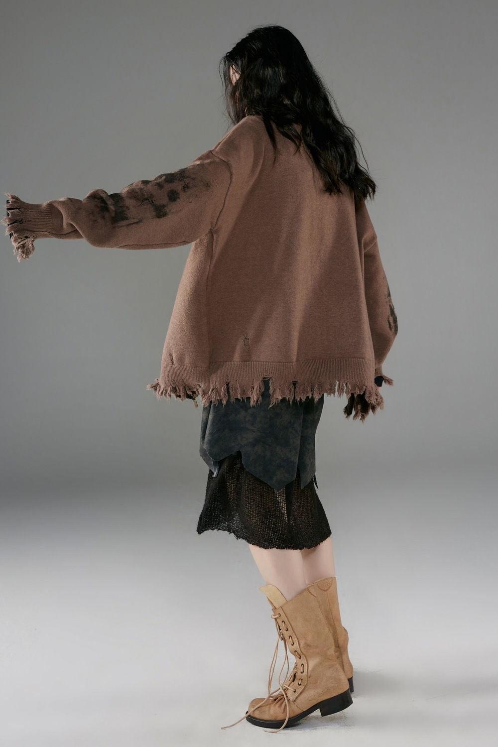 Grunge Extra Distressed Zip-Up Cardigan - KAYSMAR