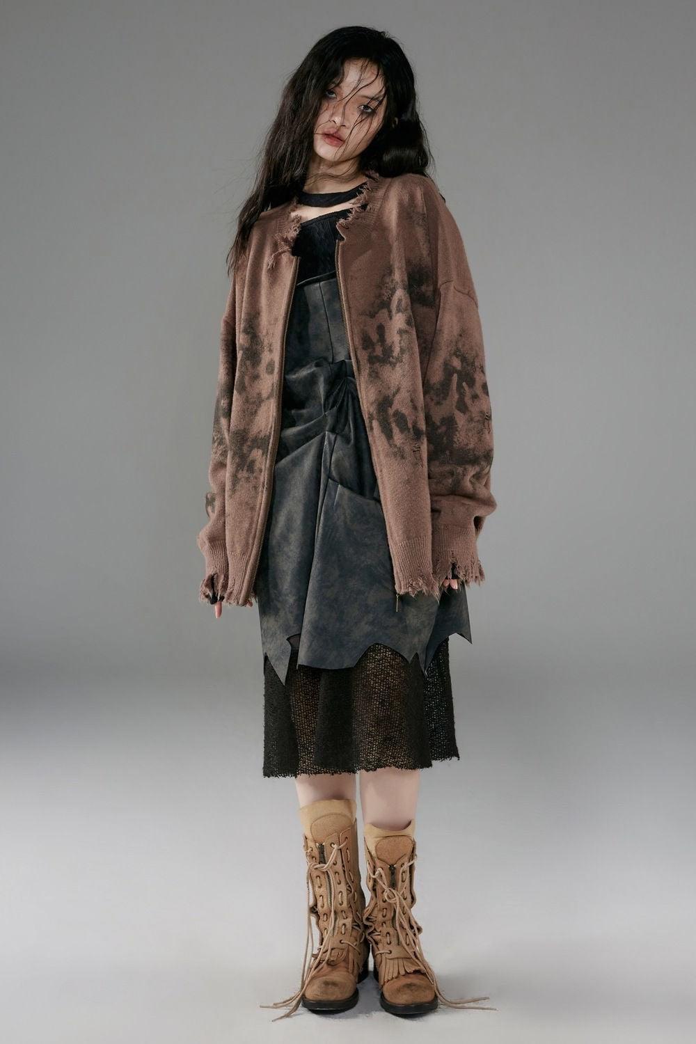 Grunge Extra Distressed Zip-Up Cardigan - KAYSMAR