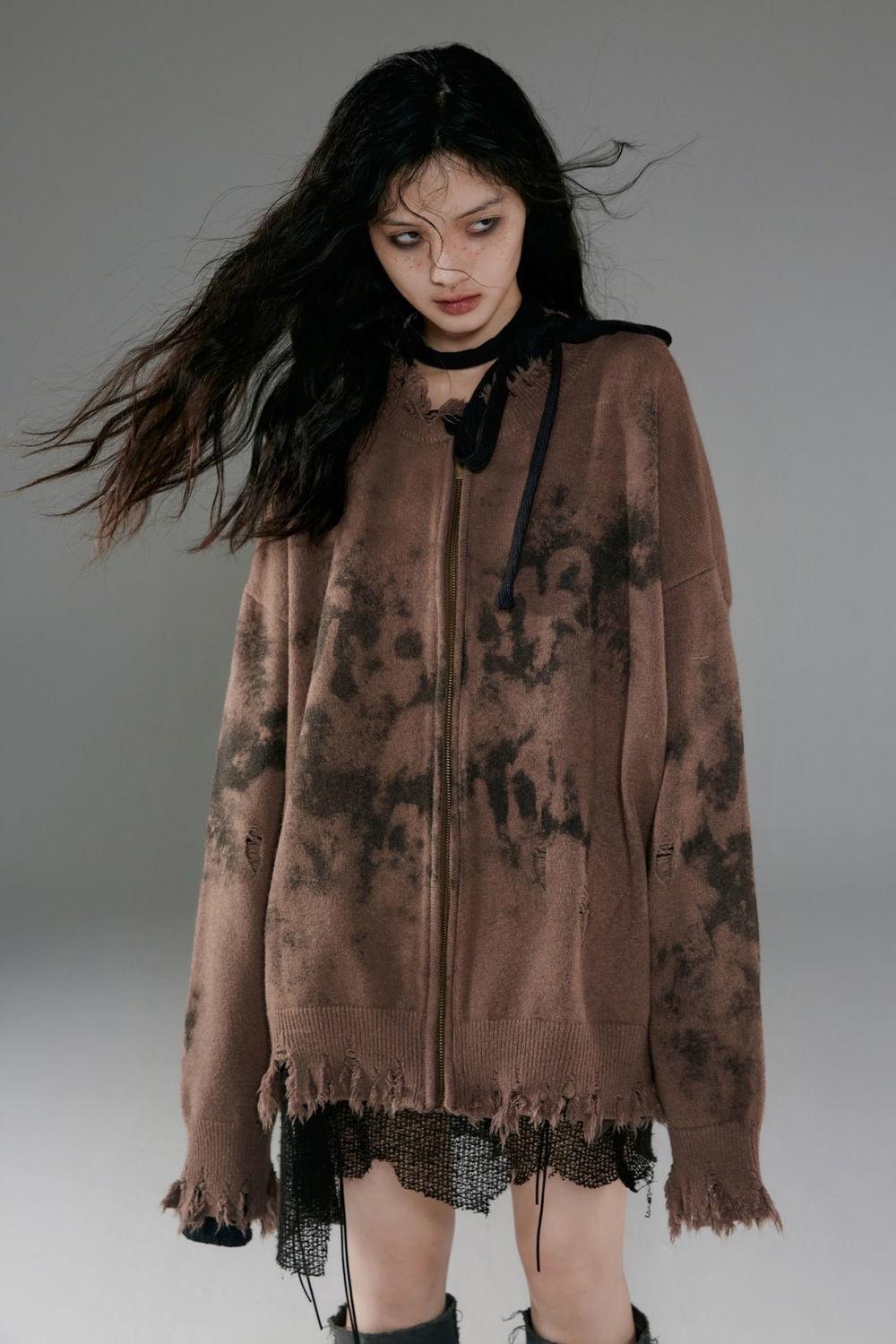 Grunge Extra Distressed Zip-Up Cardigan - KAYSMAR
